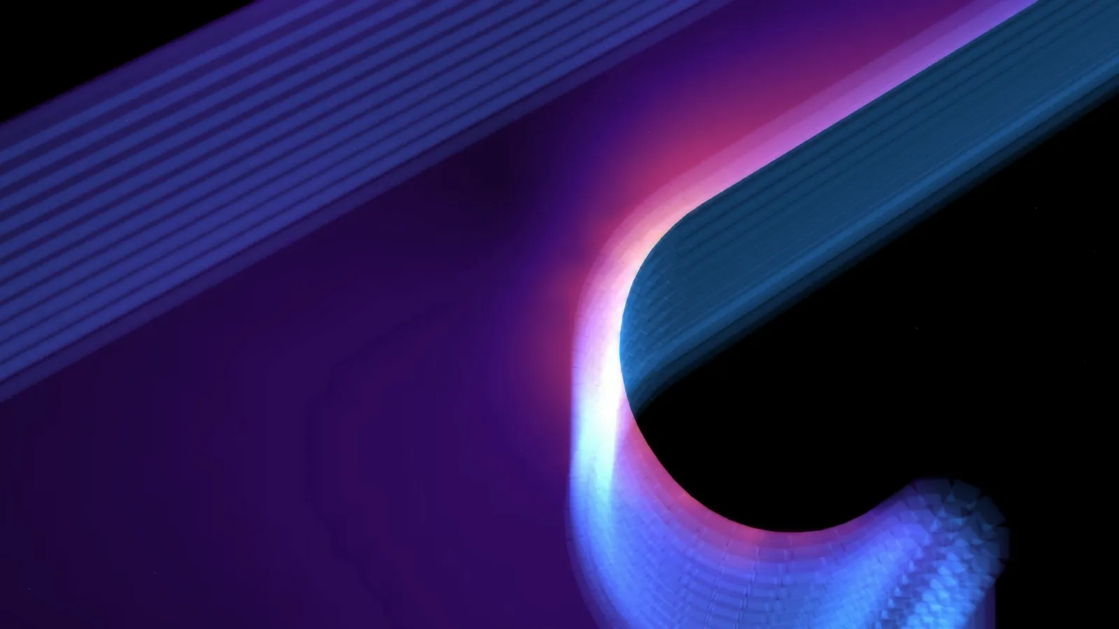 The bottle opener as glowing blue walls on black. A purple strain field burns brightest at the inside corner of the throat.